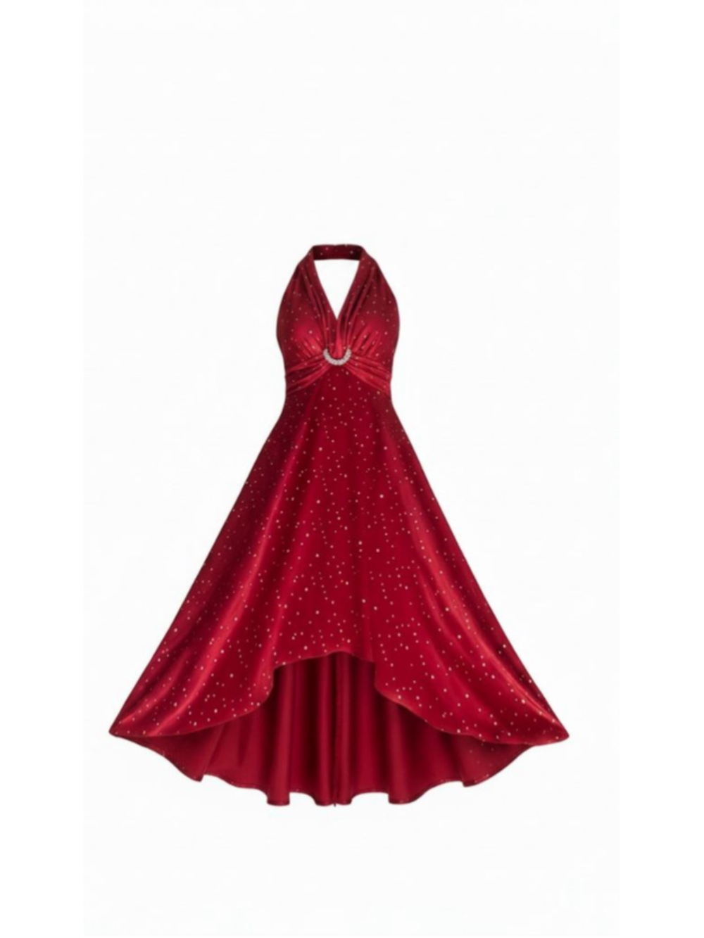My Michelle Red and Silver Sparkle Satin Cocktail Formal Halter Hi-Lo Dress